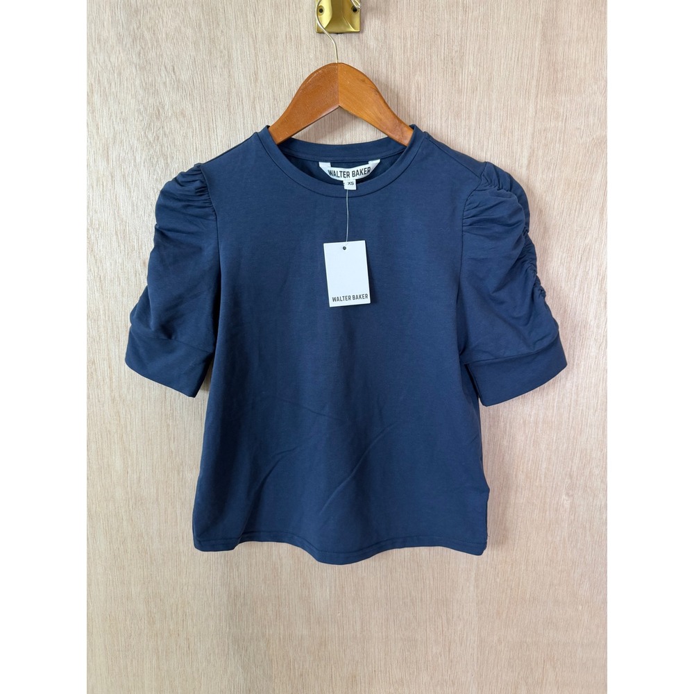 Walter Baker Womens Navy Blue Puff Sleeve Crew Neck Stretch Knit Top NWT XS